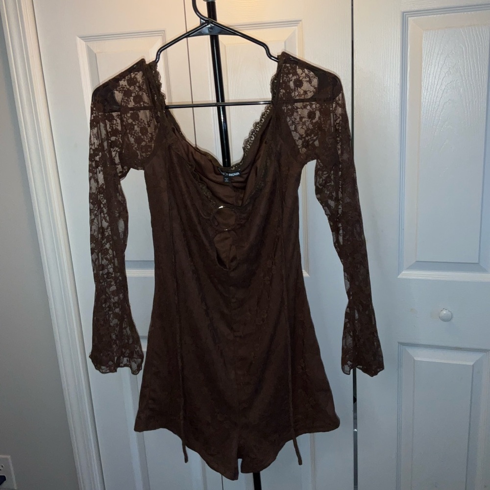 Brown Lace Long Sleeve Dress